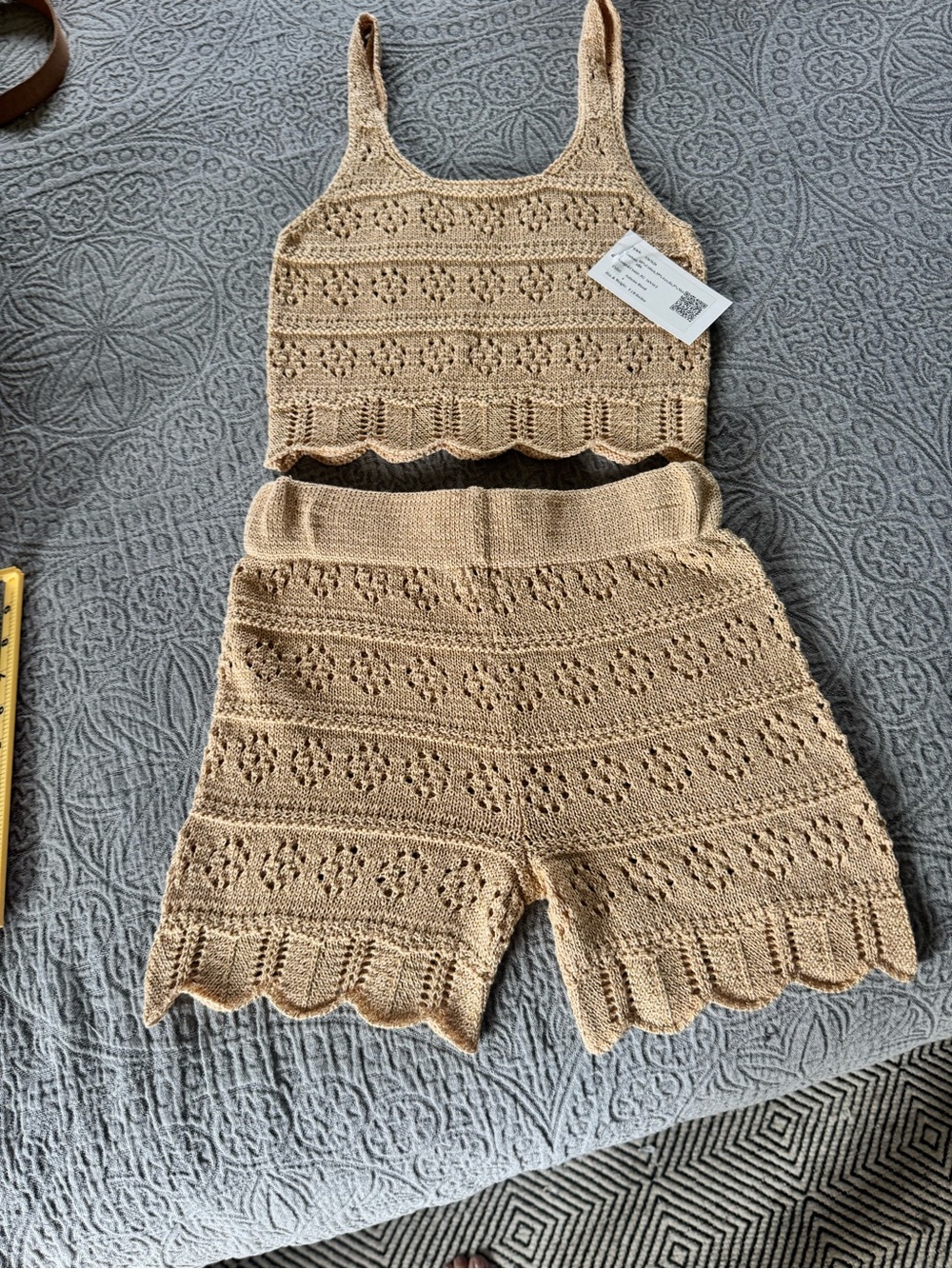 Crochet Knit Tank & Shorts Set - Beige